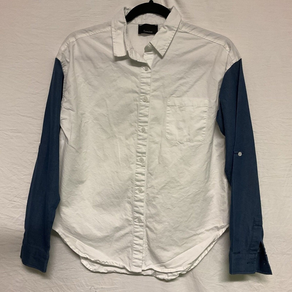 Lumiere Button Up Top Long‎ Sleeve Mixed White Denim Blue Size Small